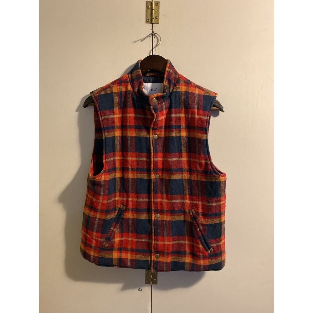Aritzia Tna Bancroft Plaid Vest XS Red Navy Blue Yellow Flannel Quilted Snaps